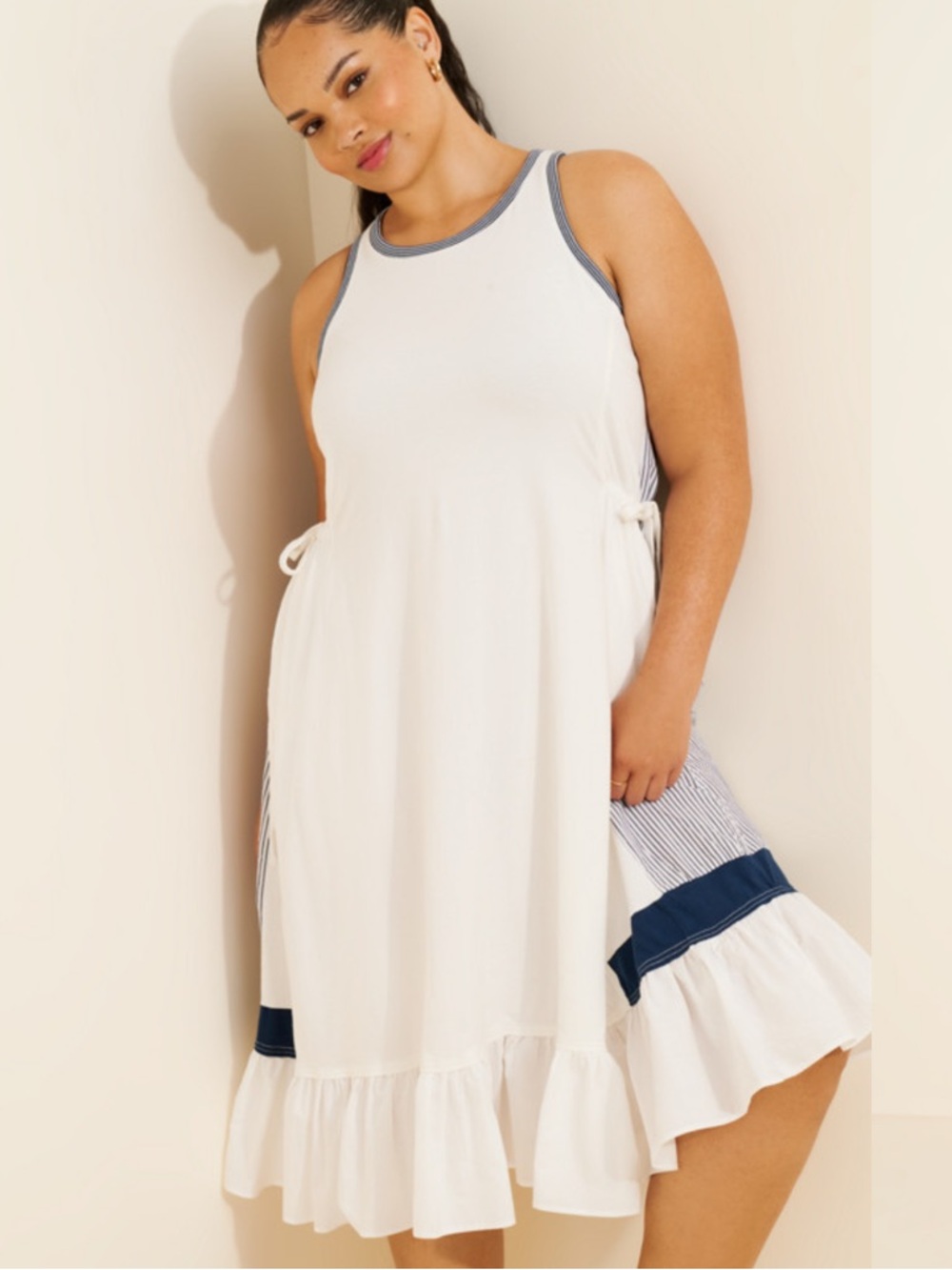 Anthropologie Daily Practice 2X White and Navy Striped Midi Dress